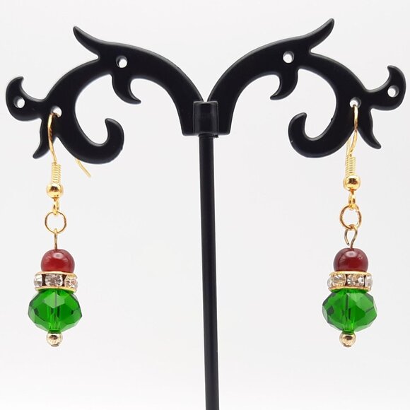 Christmas Holiday Red Green White on Gold Drop Earrings Handmade Jewelry - Picture 3 of 7